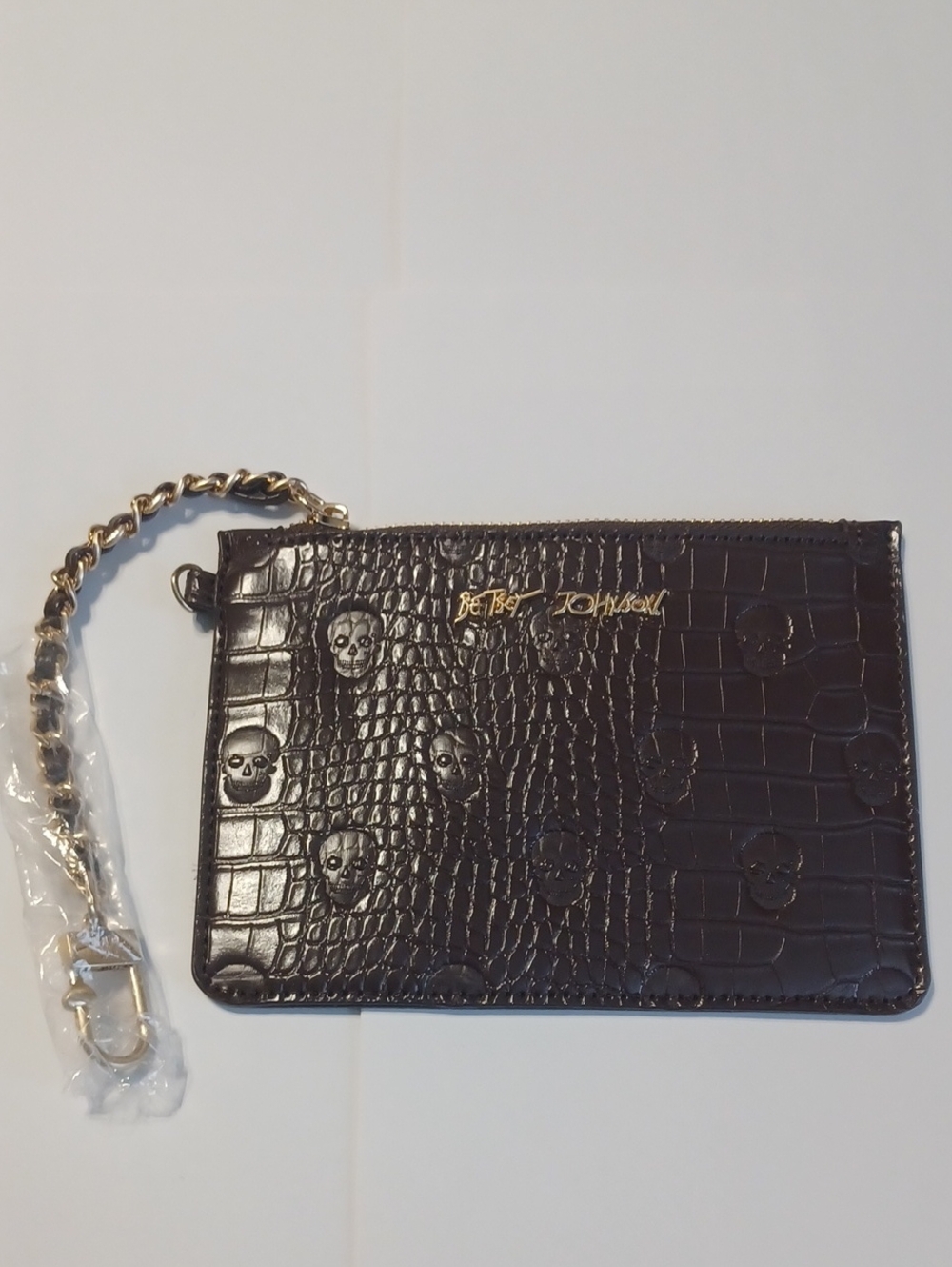 Betsey Johnson Croc-Embossed/Skull Chain Wristlet